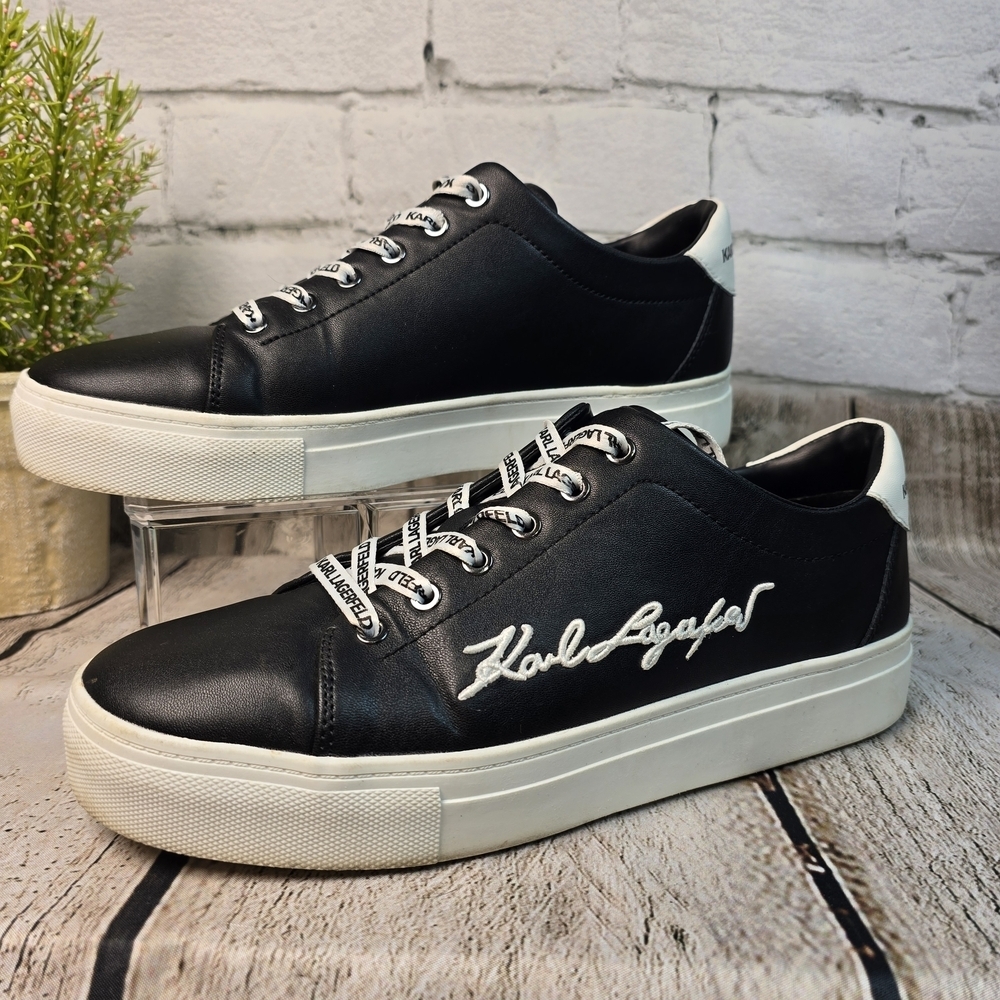 Karl Lagerfeld CYLIE LOW TOP SNEAKER FAUX BLACK LEATHER BOLD LOGO WOMENS 9.5 - Picture 4 of 12